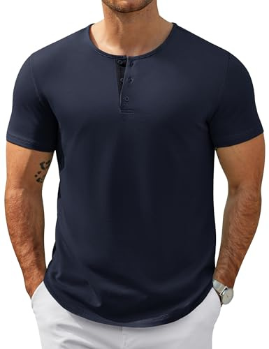 COOFANDY Maglietta Henley a Maniche Corte da Uomo Henley Shirt in Cotone Estiva Casual T-Shirt Maglietta con Bottoni Blu Navy XXL