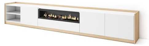 Skraut Home | Mueble TV | Muebles de salón, almacenaje | 310x50x37 cm | para televisión hasta 80 | Chimenea eléctrica | Estilo Moderno | Blanco y Roble Soft