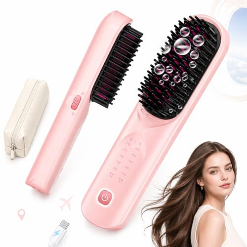 Bopcal Cordless Hair Straightener Brush, Portable Heated Styling Brush for Travel, 10000mAh Rechargeable Hair Brush, 300M Negative Ions, 6 Heat Settings 150-230°C, Type-C, Travel Pouch