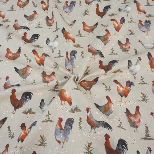 Stoff Meterware Leinenlook Halbpanama - 1 Meter - Dekostoff, Kissen, Tischwäsche, Vorhang, Taschen (Bauernhof Hühner Chickens)