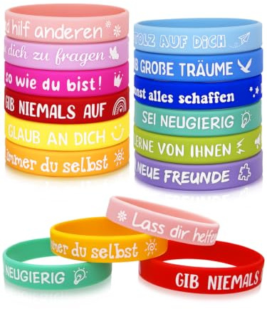 Willingood 24 Stück 18CM Mitgebsel Kindergeburtstag – Motivationsarmbänder für Kinder, Silikonarmbänder mit Mutmach-Sprüchen, für Schultüte und Einschulung