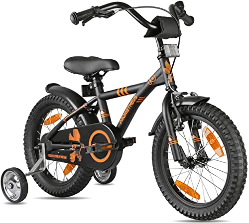 PROMETHEUS BICYCLES Kinderfahrrad 16 Zoll ab 5 Jahren - Kinder Fahrrad Mädchen Jungen Fahrrad Kinder mit Stützräder Rücktrittbremse in Schwarz Matt Orange