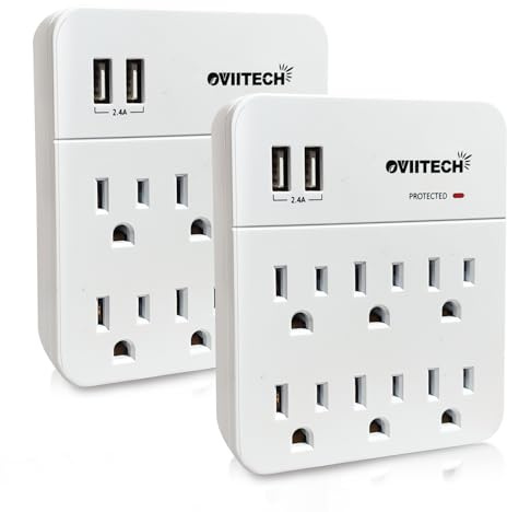 6 Outlet Extender Surge Protector Wall Mount Adapter with Dual 2.4A USB Charging Ports,Oviitech Multi Plug Outlets,6 AC Socket Outlet Splitter,900 Joules Surge Suppression,White, ETL Certified（2 Pack）