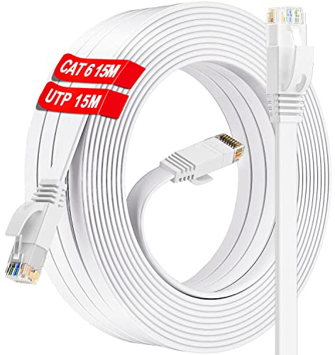 Ethernet Cable 15m, High Speed Internet Cable 15m Cat 6 Flat White Network Cable, Long RJ45 LAN Cable 15 meter 250MHz 1000Mbps UTP, Gigabit Broadband Patch Cable for Router Modem Switch PC (15 Clips)
