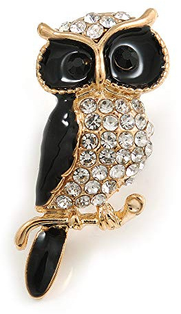 Petite broche en forme de chouette en cristal et émail noir en métal doré – 33 mm de haut, taille unique, émail, diamante