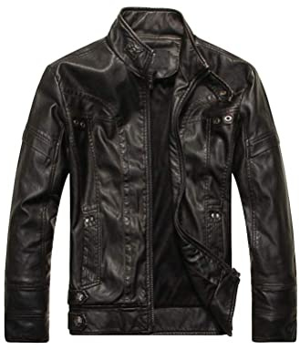 PASOK Men's Faux Leather Jacket Vintage Stand Collar Motorcycle PU Leather Outwear Coat Black L