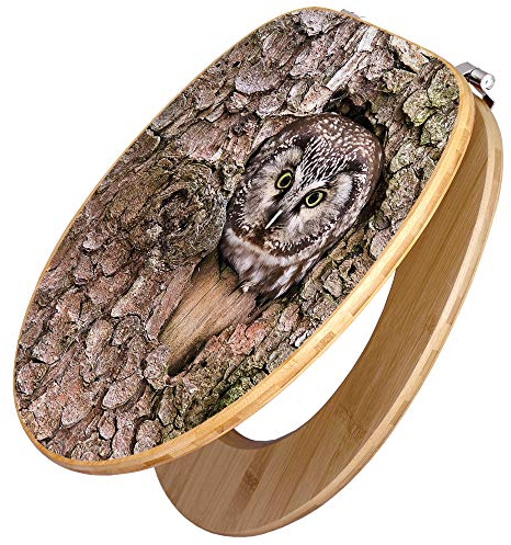 banjado Design WC Sitz Bambus 45x37,5cm / Toilettendeckel Holz/hochwertiger Toilettensitz/Bambus-Toilettendeckel für alle gängigen Toiletten - Eule