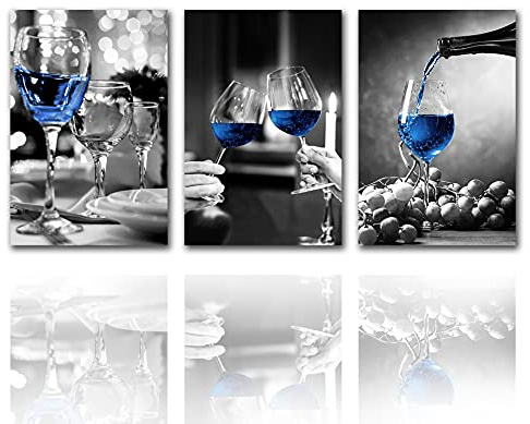 Art Work for Home Walls Black and White Pictures Grapes and Blue Wine Cup Paintings 3 Panel Canvas Modern Artwork Home Decor for Dining Room Wooden Framed Stretched Ready to Hang(60x28 inches)