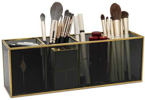 HARLIANGXY Soporte para pinceles de maquillaje, organizador de cosméticos, organizador de maquillaje, cristal negro, caja de almacenamiento para cosméticos, caja de almacenamiento de cosméticos