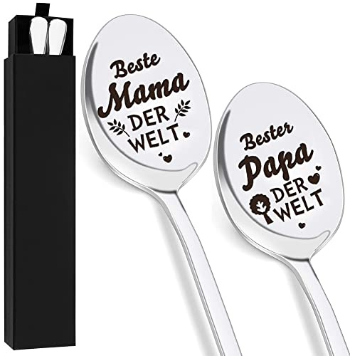 Set of 2 Stainless Steel Coffee Spoons, Long Latte Macchiato Spoons, Christmas Gifts for Parents, Silver Spoon with Engraving Beste Mama Papa der Welt, Birthday Christmas Gifts for Mum and Dad