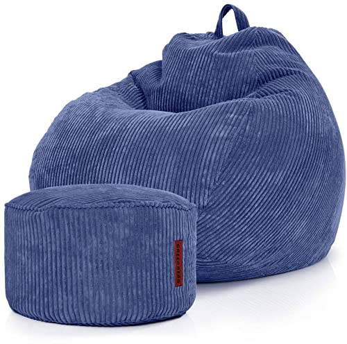 Green Bean® 2er Set Indoor XXL Sitzsack + Pouf mit EPS-Perlen Füllung - Fußhocker Fußkissen Hocker Bodenkissen Liegekissen Sitzkissen Lounge Chair - Dunkelblau