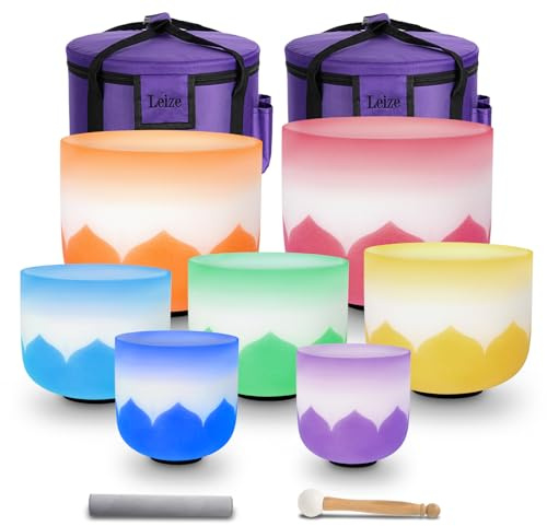Leize Juego de 7 cuencos cantores de cristal de cuarzo con borde de color de 15,2 a 30,5 cm, diseño de loto de 432 Hz, con fundas de transporte resistentes y mazo de cuenco de canto de gamuza