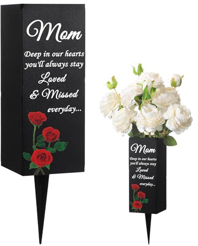 Geosar Mom Cemetery Metal Vases for Grave Mothers Day Cemetery Grave Decorations Flower Vase Memorial Flower Holder with Spike Mom Floral Graveyard Decoration for Burial Ground Lawn Yard Funeral Favor