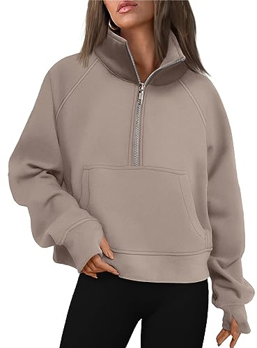 AUTOMET Womens Sweatshirts Half Zip Cropped Pullover Fleece Quarter Zipper Hoodies 2024 Fall Fashion Outfits Clothes Coffeegrey Medium