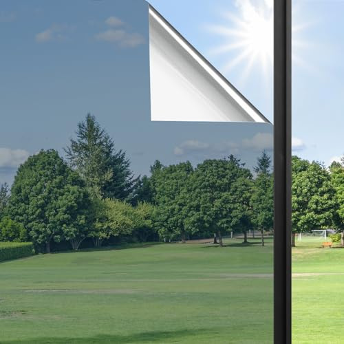 Haton Window Privacy Film One Way Window Tint for Home, Sun UV Blocking Heat Control Reflective Mirror Tinting Film See Out Not in Office Door Coverings, Silver 17.5 x 78.7