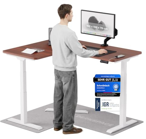 DESKSPACE Corner Eckschreibtisch höhenverstellbar (elektrisch) | Kollisionsschutz und Memory-Funktion, 10 Jahre Gewährleistung, (Weißes Gestell, Mahagoni Tischplatte, 160 x 130 x 70 cm)
