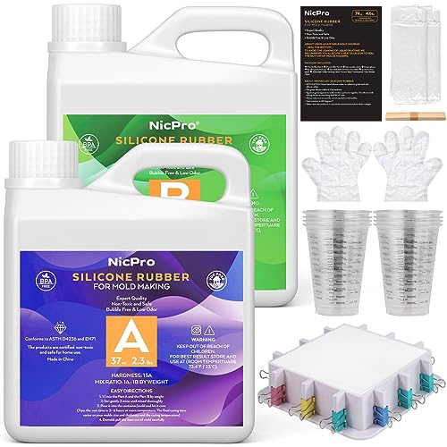 Nicpro 74oz/2188mL goma de silicona, Kit de fabricación de moldes de silicona relación de mezcla 1:1 para fundición de resinas 3D, bricolaje con carcasa de molde, tazas de mezcla
