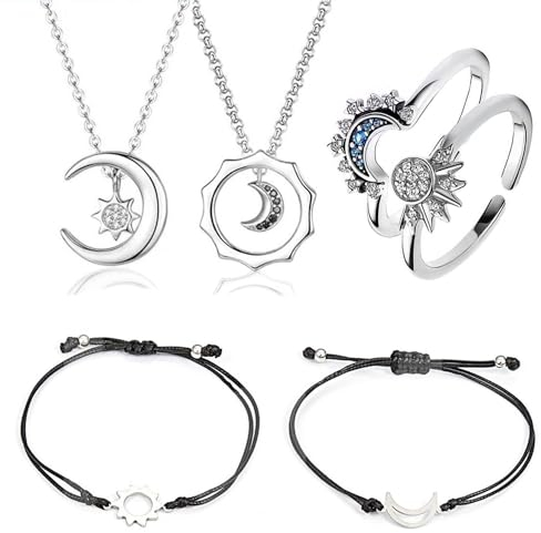 TJUSPIRIT 2er Freundschaftsketten Freundschaftsarmbänder Freundschaftsringe für 2, Best friends BFF Kette Armband Ringe für 2, Sonne Mond Kristall Anhänger Schmuck für Schwestern Freundin(Stil 3)