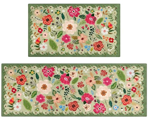 Xsinufn Küchenmatte, Boho-Blumenmuster, 2er-Set, moderne Bauernhaus-Küchenteppiche und -matten, rutschfest, waschbar, böhmische Küchenläufer mit Gummi-Rückseite, Grün, 43,2 x 119,4 cm + 43,2 x 76,2 cm
