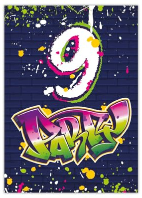 Junapack 12 Einladungskarten zum 9. Kindergeburtstag Motto Feier Fest Einladung Set Geburtstag Mädchen Kinder Jungs Jungen Boys Teenies Unisex Graffiti Jugendstill modern bunt grün lila neon
