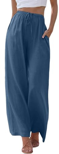 ZhungZaoh Sommerhose Damen Sommer Leinen Leicht Casual Locker Leinenhose Freizeithose Palazzo Hose Weite Leg Hose Strandhose Hohe Taille mit Tunnelzug und Taschen(02-Blue, M)
