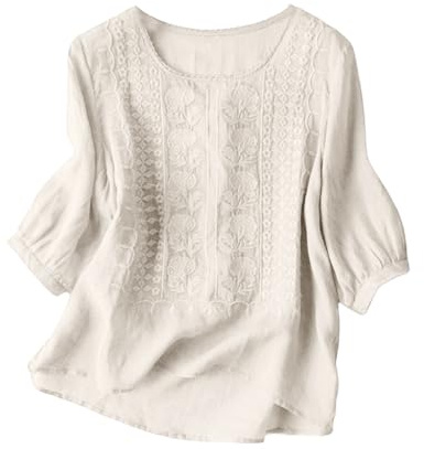 Chemisier Coton et Lin Manches Courtes pour Femme Blouses Ample Col Rond Tunique D'été Bohème Folklore Vintage Broderie Top Hauts Lâche Respirant T-Shirts Grande Taille Pas Cher Tunique Blouse Mode