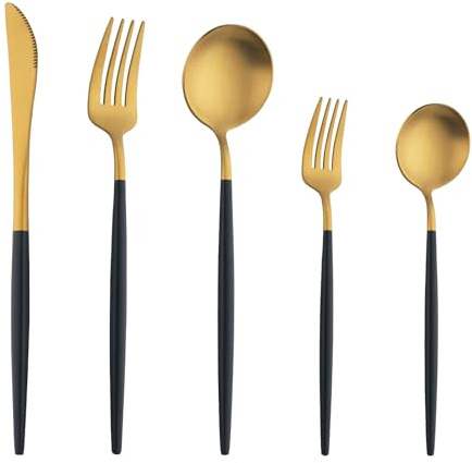 Buyer Star Matte Schwarzes Gold Besteck Set, 5 Stück Edelstahl Besteck Set Gold Matt für Haus Küche Restaurant Parteien, Essbesteck Set Mit Gabeln Löffeln Messern Spülmaschinenfest