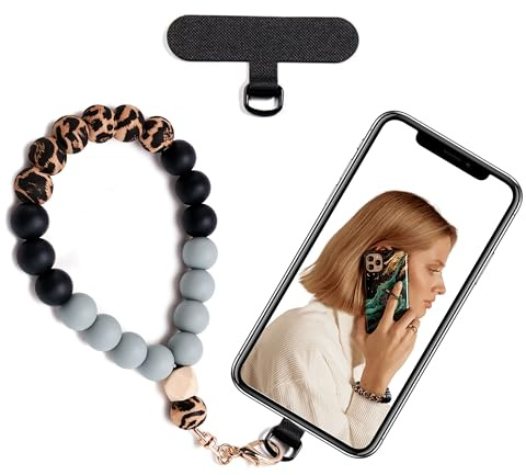 Lostars Silikonperlen-Handykette Kurz, Handyanhänger mit Handy Lanyard Pads, Elastische Handy Kette für freihändigen Gebrauch, für die Meisten Smartphones (Leopard)
