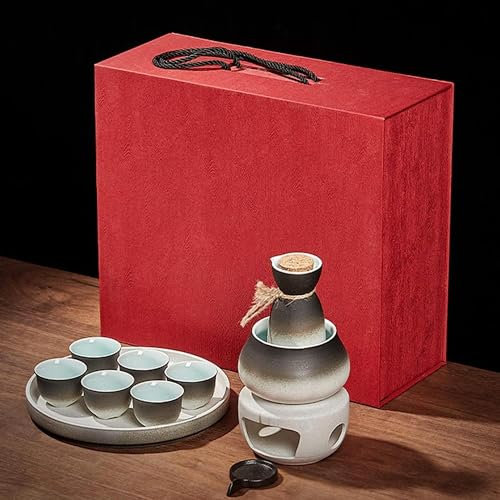 Set per sakè con scaldavivande, set tradizionale per sakè caldo da 9 pezzi, tra cui 1 fornello a candela, 1 tazza riscaldante, 1 pentola per sakè, 6 tazze per sakè, scaldavivande elettrico, 10 pezzi
