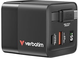 Verbatim GaN Charger 65W 2 Port mit ausziehbarem USB-C Kabel - Schnellladen | GaN Ladegerät, Power Adapter für Apple iPad, iPhone, Samsung, Travel Adapter für EU, UK, USA