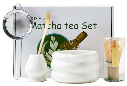 Set of 5 Matcha Tea Set with Whisk and Bowl, Matcha Kit for Ceremony Ceramic Matcha Bowl Gift for Tea Lovers(White)