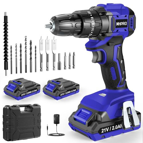 MHPRO Taladro Percutor a Bateria 21V, Taladro Atornillador Batería Sin Escobillas con 2 Baterías 2.0Ah, Atornillador Electrico 45N.m, 20+3 Ajuste de Par, Brushless Drill 14 Accesorios, 2 Velocidad