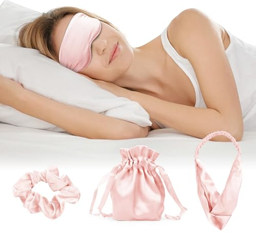 Schlafmasken Kit Satin Augenmaske Haarband Haargummis und Aufbewahrungstasche Weiche Angenehme für Pause Reise Schlafen für Damen Mädchen 4 Stück Rosa