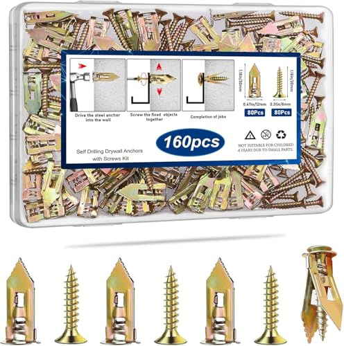 160PCS Self Drilling Drywall Anchors with Screws Kit, 2025 Upgraded (0.47X1.18inch) Zinc Plated Steel Wall Anchors and Self Tapping Screws No Drill or Holes in Wall