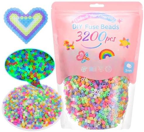 VynyQoo Bügelperlen Leuchtend im Dunkeln, 3200 Stück in 7 Farben | 5mm DIY Steckperlen für Kinder 6+, Glitzer Bügelperlen, Perfekt für Geburtstags-, Neujahrs- und Thanksgiving-Geschenke