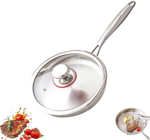 Edelstahlpfanne unbeschichtet, Pfanne Edelstahl Unbeschichtet Mit Deckel, Pfanne induktion, Edelstahl, Antihaftbeschichtung, leichte Reinigung, langlebig,für alle Herdarten geeignet (Mit Deckel, 22CM)