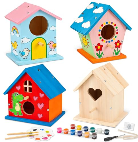 DoodleDoo Paquete de 4 casitas de madera para pájaros, arte y manualidades, kit de pintura para interiores y exteriores con pintura y pinceles para niños de 6 a 12 años, regalo de cumpleaños para