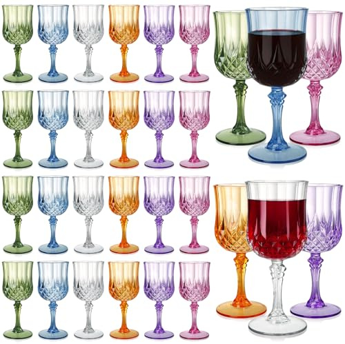 WRINGKIT 24 Pcs Plastic Vintage Wine Glasses, 7 Oz Plastic Colored Water Goblets for Party Wedding, Unbreakable Drinking Glasses Cups with Stem, Reusable Wine Cups for Beer, Cocktail, Whiskey, 6 Color