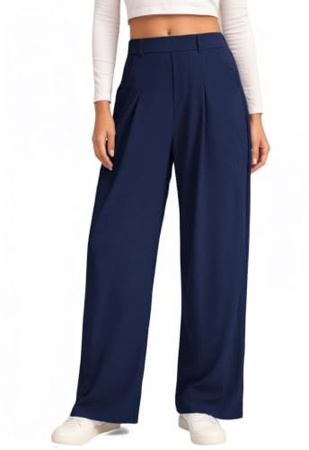 Oyamiki Plissee Hose Damen Hohe Taille Luftige Sommerhose mit Gummizug Work to Lounge Trousers Elegant Stoffhose Weites Bein Marineblau S