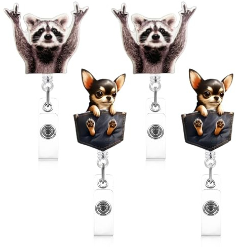 4 st ID-korthållare utdragbar tvättbjörn och chihuahua ID-korthållare sjuksköterska intressant badge hållare med ryggklämma Nurse Badge rulle söt infällbar ID-hållare humor ID jojo