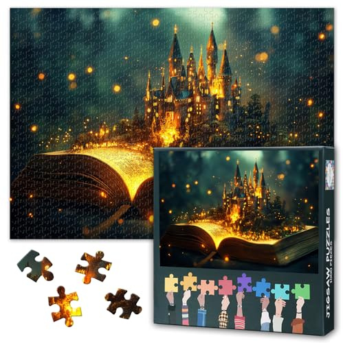 Puzzles 1000 Stück, Zauberbuch enthüllt einen magischen Wald und beleuchtete Burg in einem Fantasy-Reich Puzzle für Erwachsene 1000 Stück, Zeitreise Puzzles, 50 x 70 cm