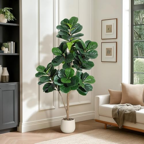 Garvee Higuera artificial de hoja de violín de 5 pies, 77 hojas, árboles realistas de ficus lyrata de imitación en maceta blanca de 7.8 pulgadas, plantas de piso falsas para decoración del hogar