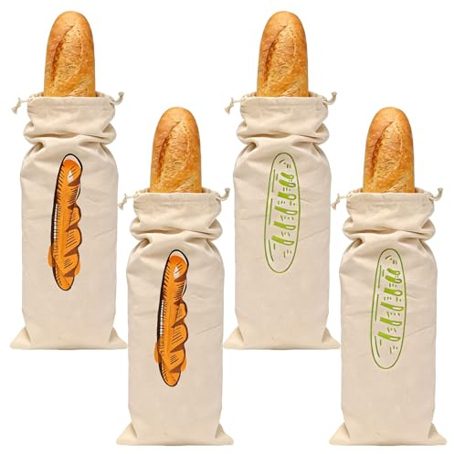 HONYUET Set med 4 baguettepåsar, 16 x 64 cm bomull brödpåse linne med dragsko, återanvändbara baguettepåsar, baguetteväska för bagare marknad kök fransk baguette (naturfärg)