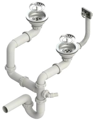 QLS Siphon manuel 3 1/2 pour double bac en acier inoxydable PVC peu encombrant avec raccord pour lave-vaisselle ou machine à laver (argent)
