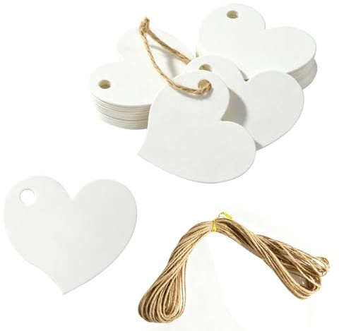 50 Stück Herz Geschenkanhänger Valentinstag Anhänger Kraftpapier Etiketten,Tags und 10m Jute Schnur, für Hochzeit Geschenke Basteln Deco (Weiß)