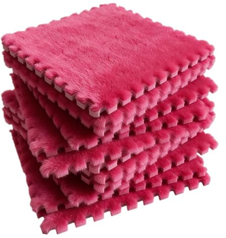 Rosarot Plüsch-Krabbelmatte, 12 Stück Ineinandergreifende Plüsch Schaumstoffmatte, 30 x 30 cm Puzzle-Schaum-Bodenmatte, Flauschige Wohnzimmer Schlafzimmer Teppichfliesen