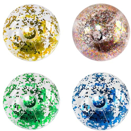 YIPFEN Pack de 4 Pelotas de Playa Hinchables de Purpurina 40 cm, Bolas Transparentes con Lentejuelas de Colores, para Piscina, Juegos Acuáticos y Fiestas de Verano