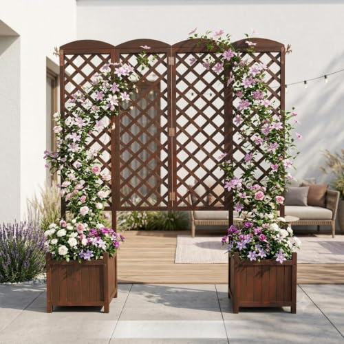 JF Flexibles Klappsystem Wasserdichtes Tannenholz-Hochbeet mit Rankgitter 160x41x183 cm | Sichtschutz Blumenkasten mit Drainage | Garten-Pflanzkasten für Kletterpflanzen in Dunkelbraun (2 Stücke)