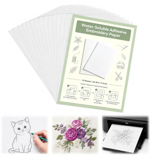 Ruvsroms 14PCS Stabilizzatori per Ricamo, A4 (29.7x21cm) Autoadesivo Idrosolubile Stabilizzatore Ricamo, Carta da Ricamo Stampabile o Disegnabile per Ricamo a Mano e a Macchina | Stabilizzatore da disegno per modelli da ricamo, carta da ricamo solubile in acqua, per stampa, dipinta a mano, ricamata