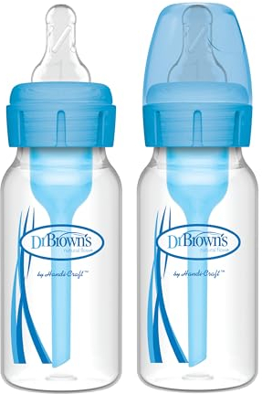 Dr. Brown's Anti-Colic Options+ Narrow Baby Bottle, 4oz/120 ml, with Level 1 Slow Flow Teat, Pack of 2, Blue